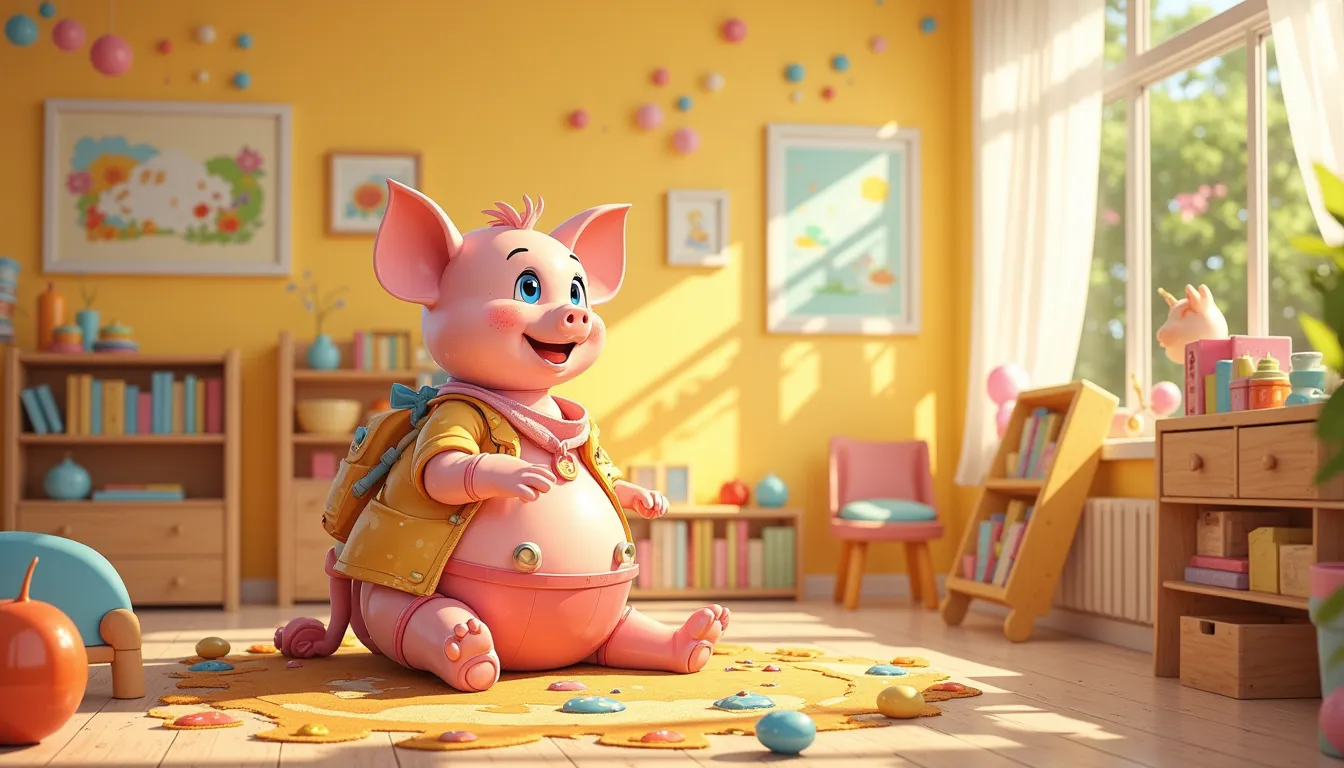 Freundliches Kinderzimmer mit Spielzeug und buntem Sparschwein, helle Farben